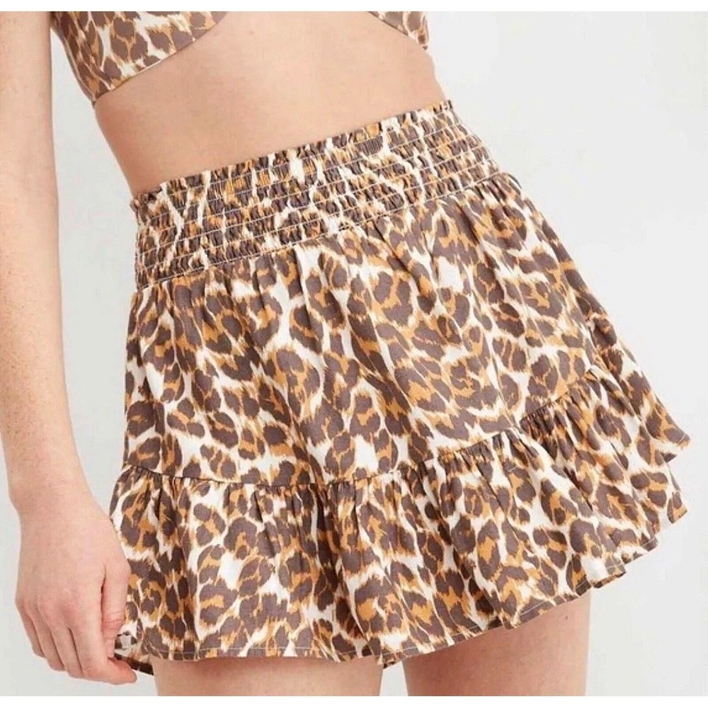 Aerie Leopard Print Smocked Ruffle Mini Skirt Brown Tan Linen Blend Medium